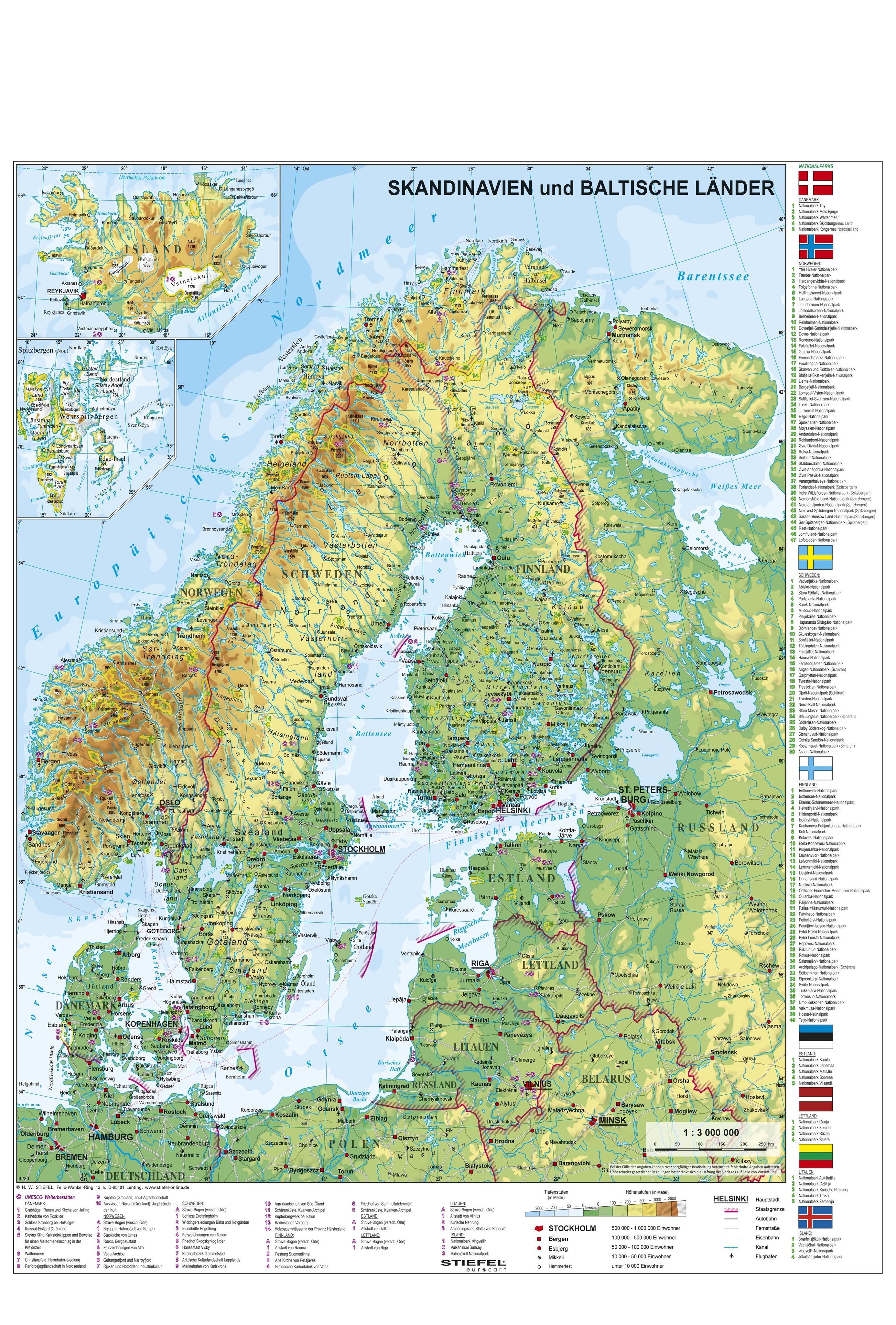 Skandinavien und Baltikum physisch 1 : 30.000 000. Wandkarte mit Metallbeleistung