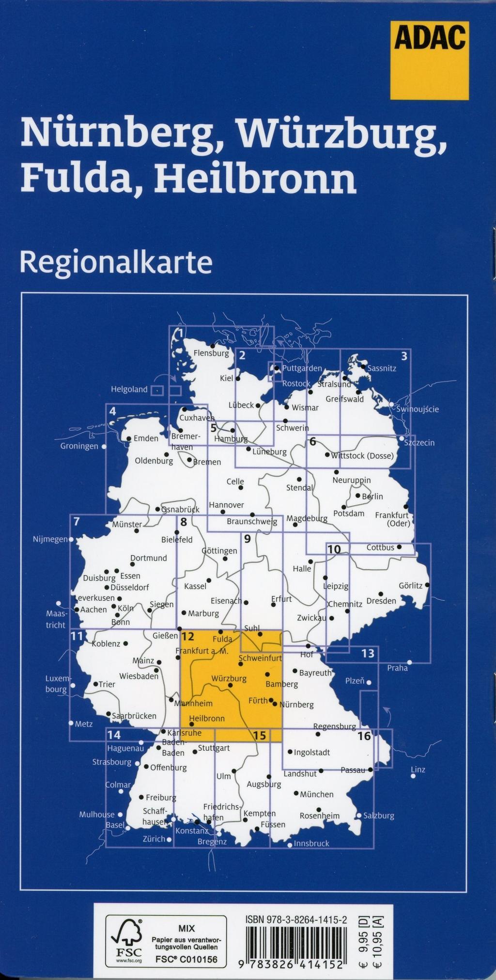 ADAC Regionalkarte Blatt 12 Nürnberg, Würzburg, Fulda, Heilbronn 1:150 000