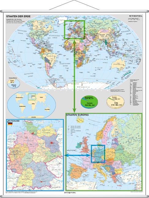 Deutschland und Europa in der Welt politisch. Wandkarte Großformat mit Metallstäben