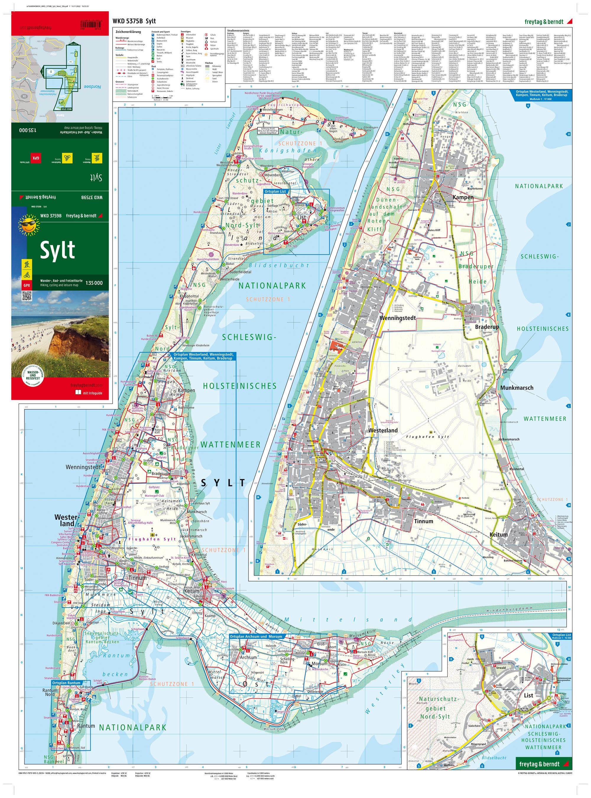 Sylt, Wander-, Rad- und Freizeitkarte 1:35.000, freytag & berndt, WKD 3759B, mit Infoguide