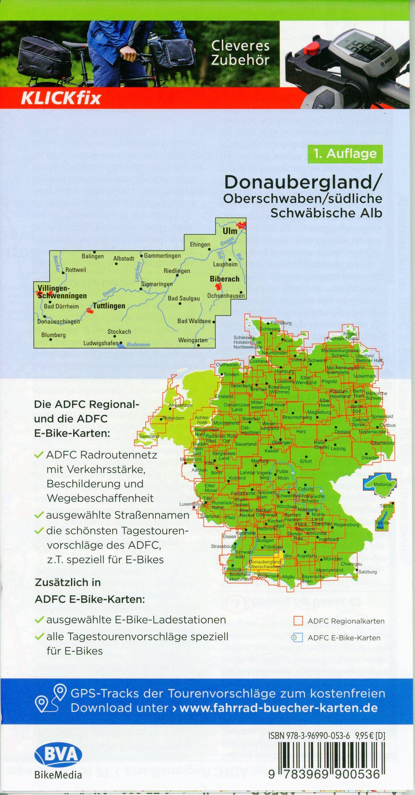 ADFC-Regionalkarte Traumhafte E-Bike-Touren im Donaubergland, 1:75.000, mit Tagestourenvorschlägen, reiß- und wetterfest, GPS-Tracks Download