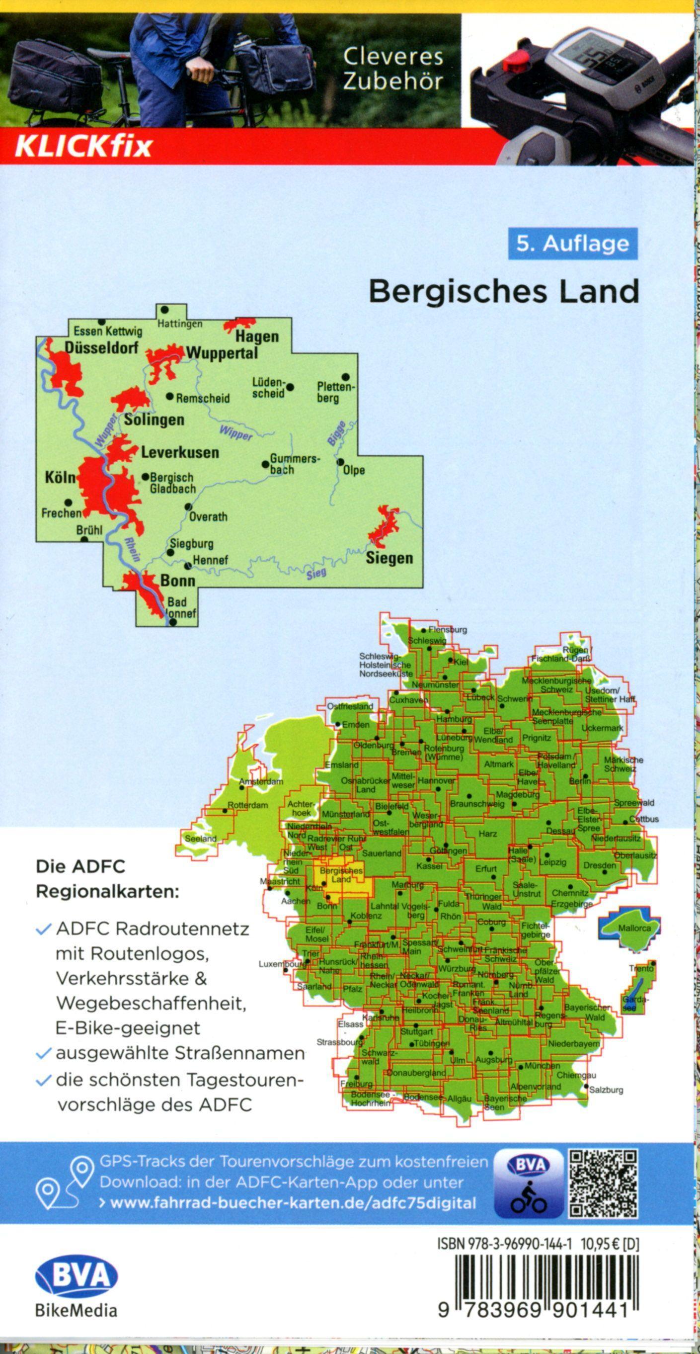 ADFC-Regionalkarte Bergisches Land Köln/Düsseldorf 1:75.000, reiß- und wetterfest, GPS-Tracks Download