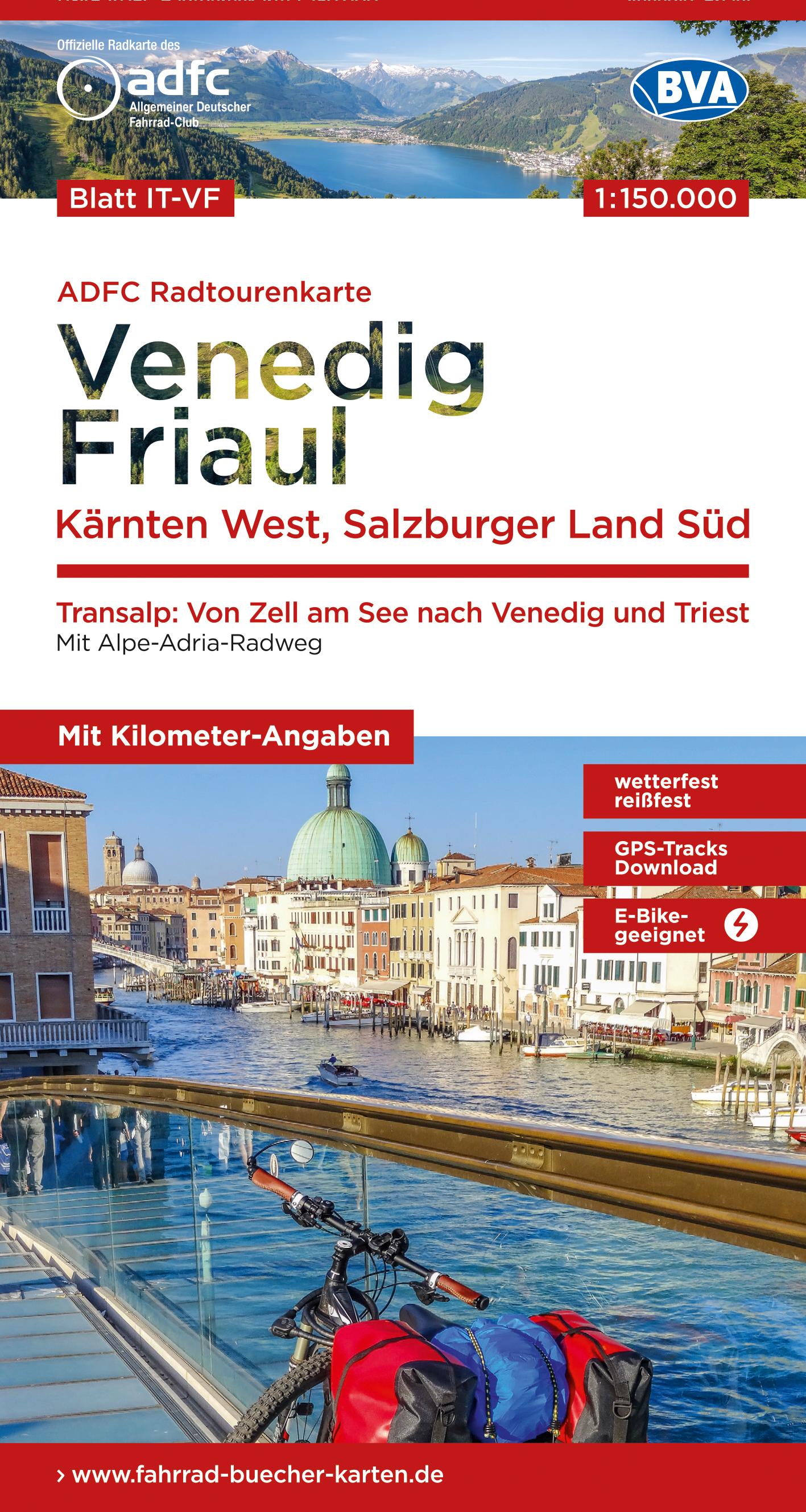 ADFC-Radtourenkarte IT-VF Venedig, Friaul - Kärnten West, Salzburger Land Süd, 150.000, reiß- und wetterfest, E-Bike geeignet, GPS-Tracks Download, mit Bett+Bike Symbolen, mit Kilometer-Angaben