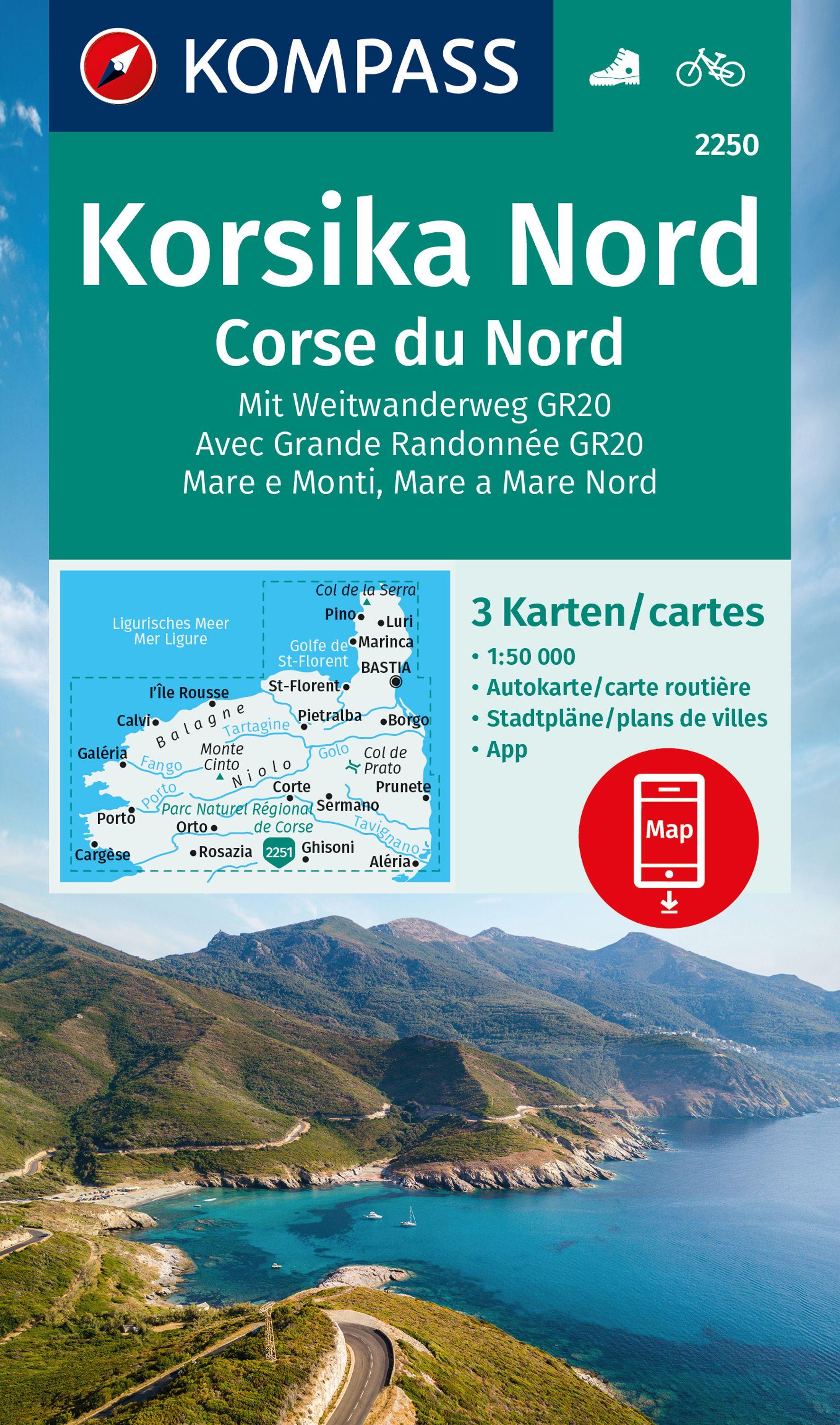 KOMPASS Wanderkarten-Set 2250 Korsika Nord, Corse du Nord, Weitwanderweg GR20 (3 Karten) 1:50.000