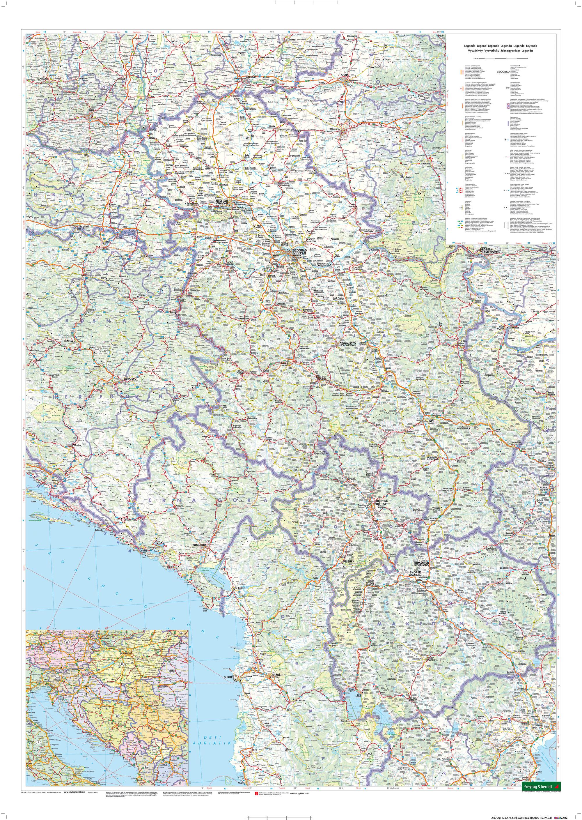 Slowenien - Kroatien - Serbien - Bosnien-Herzegowina - Montenegro - Kosovo - Nordmazedonien, Straßenkarte 1:600.000, freytag & berndt