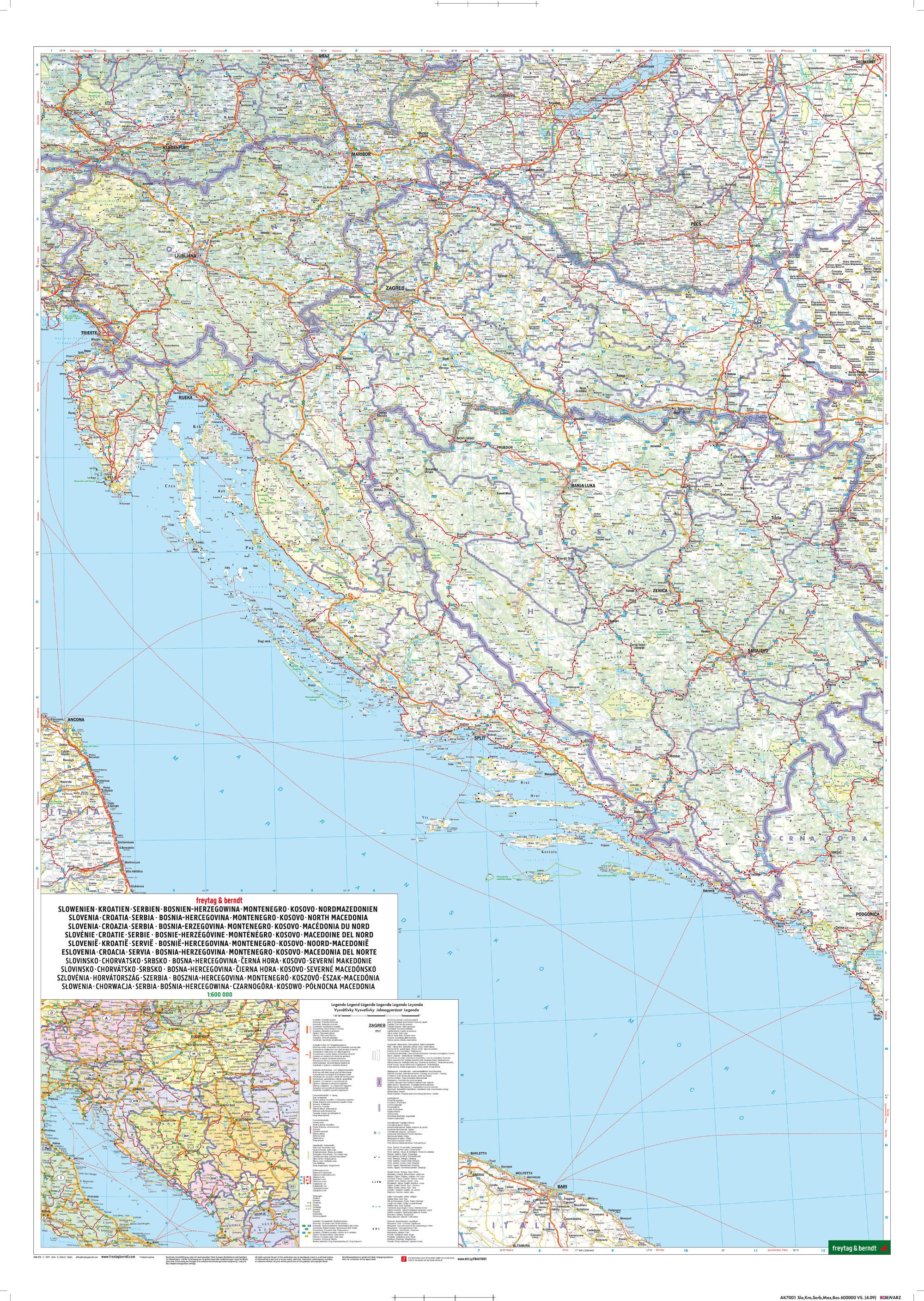 Slowenien - Kroatien - Serbien - Bosnien-Herzegowina - Montenegro - Kosovo - Nordmazedonien, Straßenkarte 1:600.000, freytag & berndt