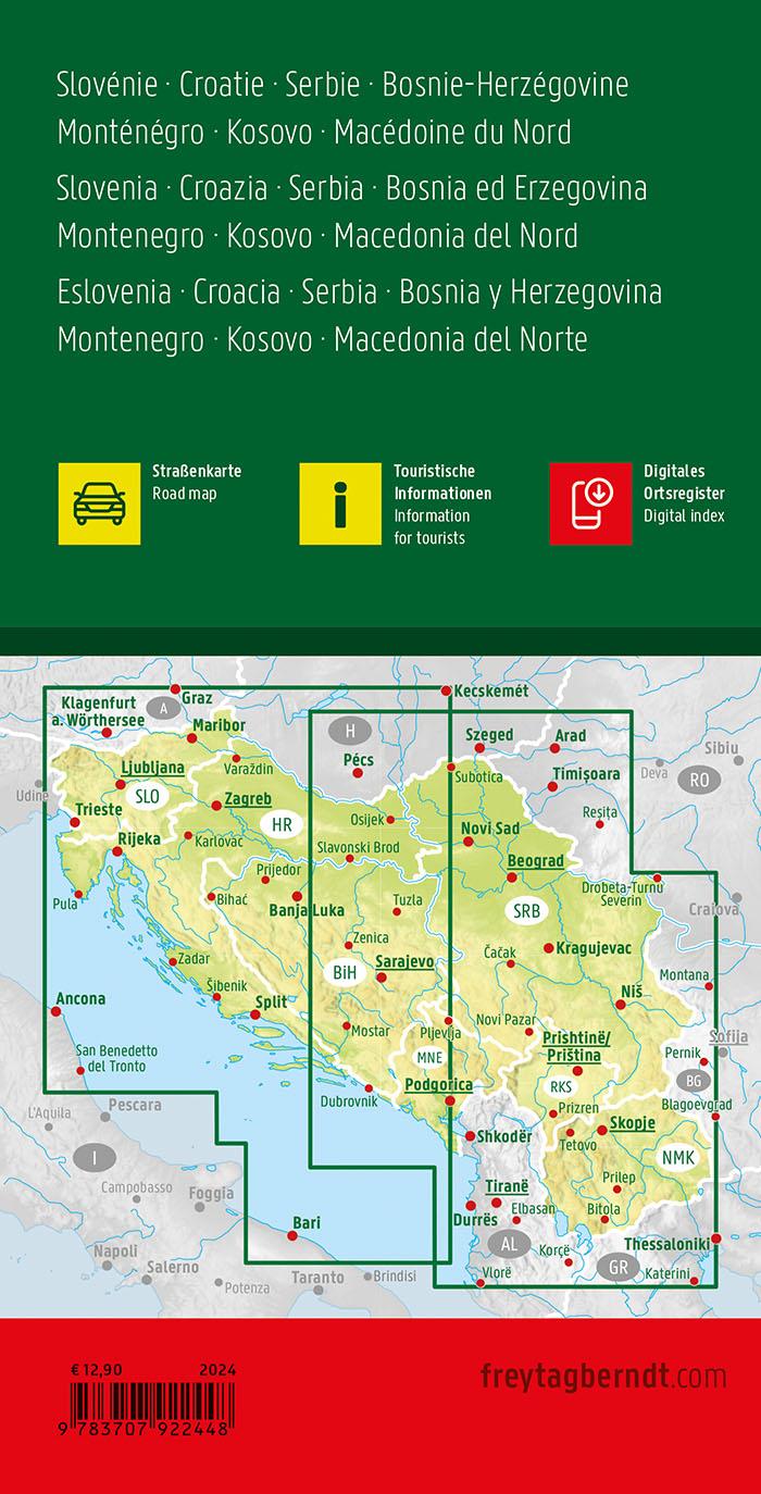 Slowenien - Kroatien - Serbien - Bosnien-Herzegowina - Montenegro - Kosovo - Nordmazedonien, Straßenkarte 1:600.000, freytag & berndt