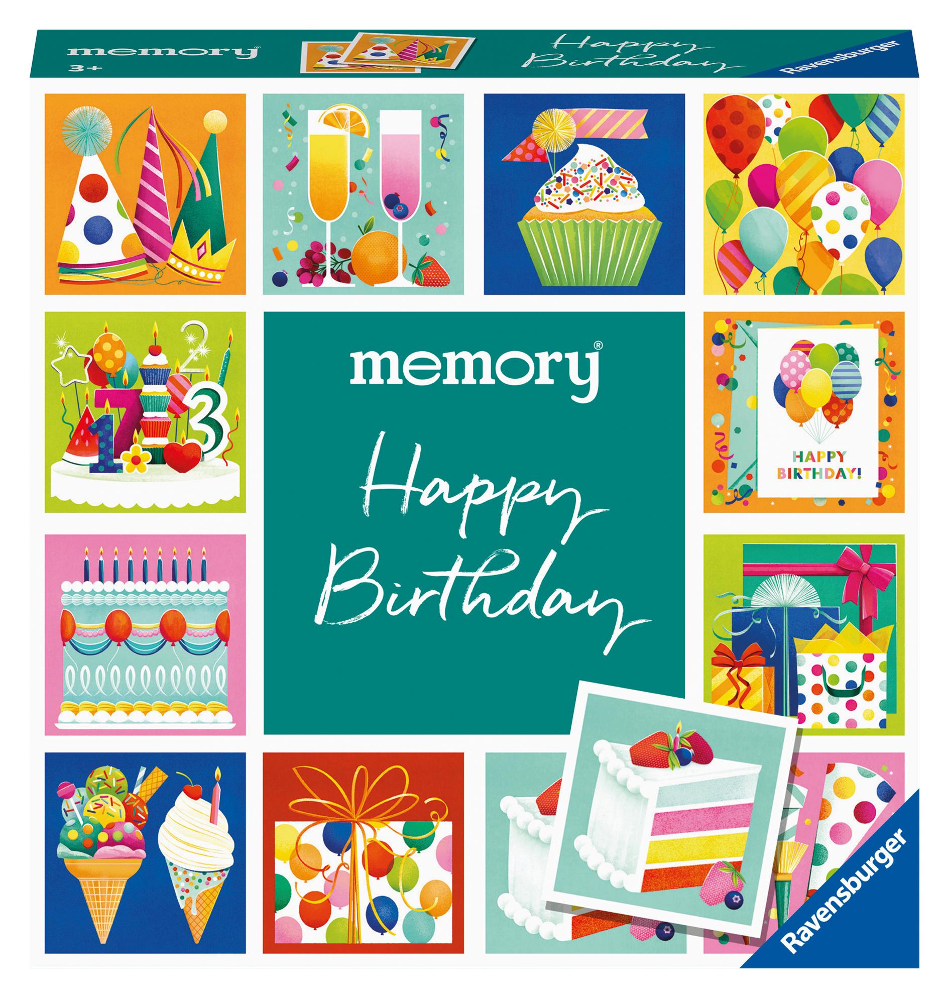 Ravensburger 23399 memory® moments - Happy Birthday, 24 Kartenpaare wünschen alles Gute und laden zu vielen fröhlichen Spielerunden ein. Ravensburger Spieleklassiker für 2 bis 6 Spieler ab 3 Jahren