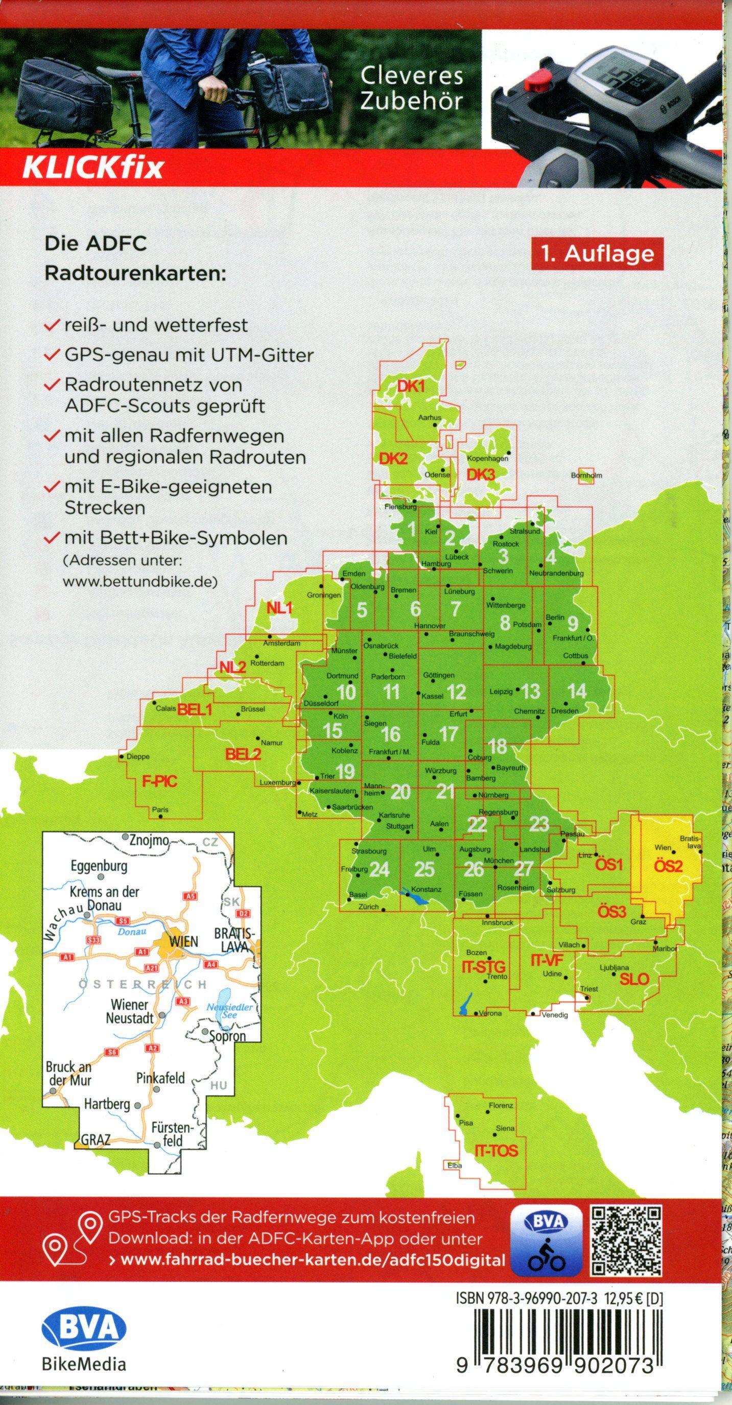 ADFC-Radtourenkarte ÖS2 Österreich Wien Burgenland 1:150:000, reiß- und wetterfest, E-Bike geeignet, GPS-Tracks Download, mit Bett+Bike Symbolen, mit Kilometer-Angaben