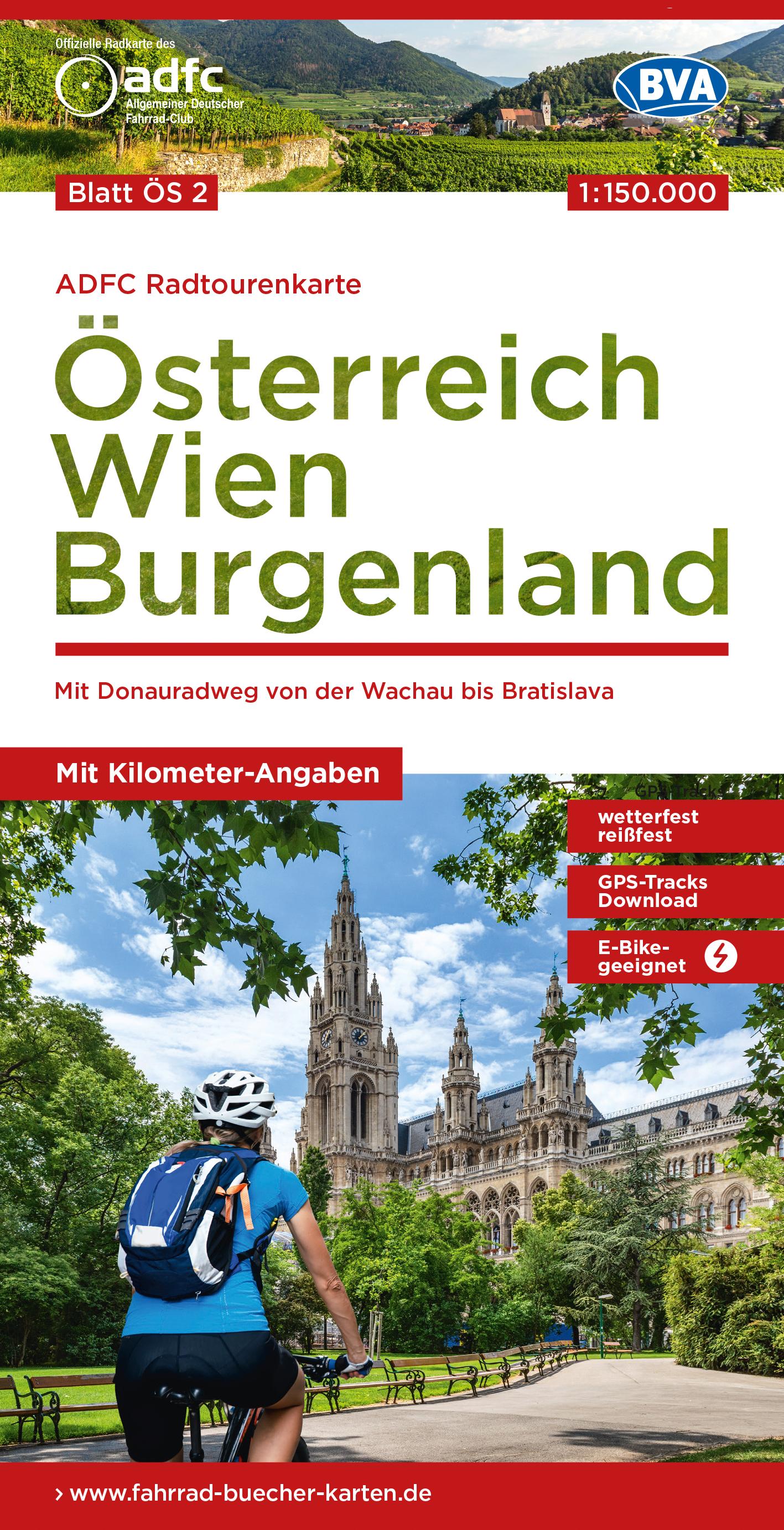 ADFC-Radtourenkarte ÖS2 Österreich Wien Burgenland 1:150:000, reiß- und wetterfest, E-Bike geeignet, GPS-Tracks Download, mit Bett+Bike Symbolen, mit Kilometer-Angaben