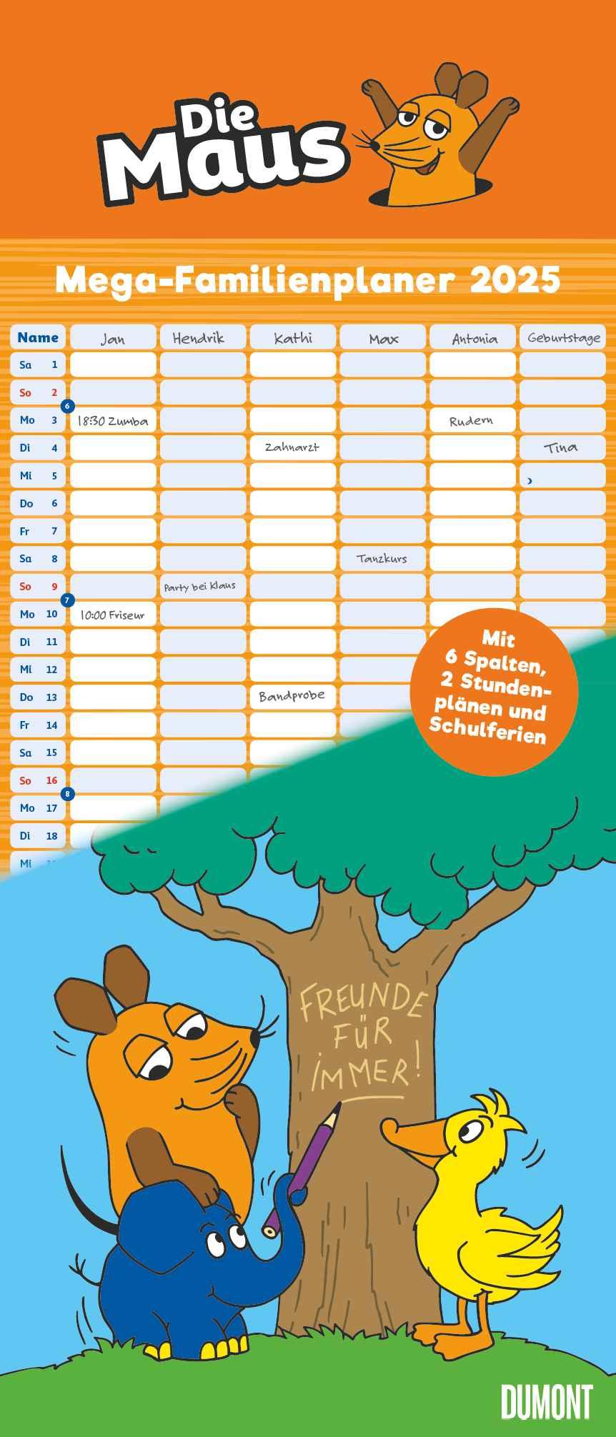 Die Maus 2025 - DUMONT Mega-Familienkalender mit 6 Spalten - Familienplaner mit 2 Stundenplänen und Ferientabelle - Hochformat 30,0 x 70,0 cm