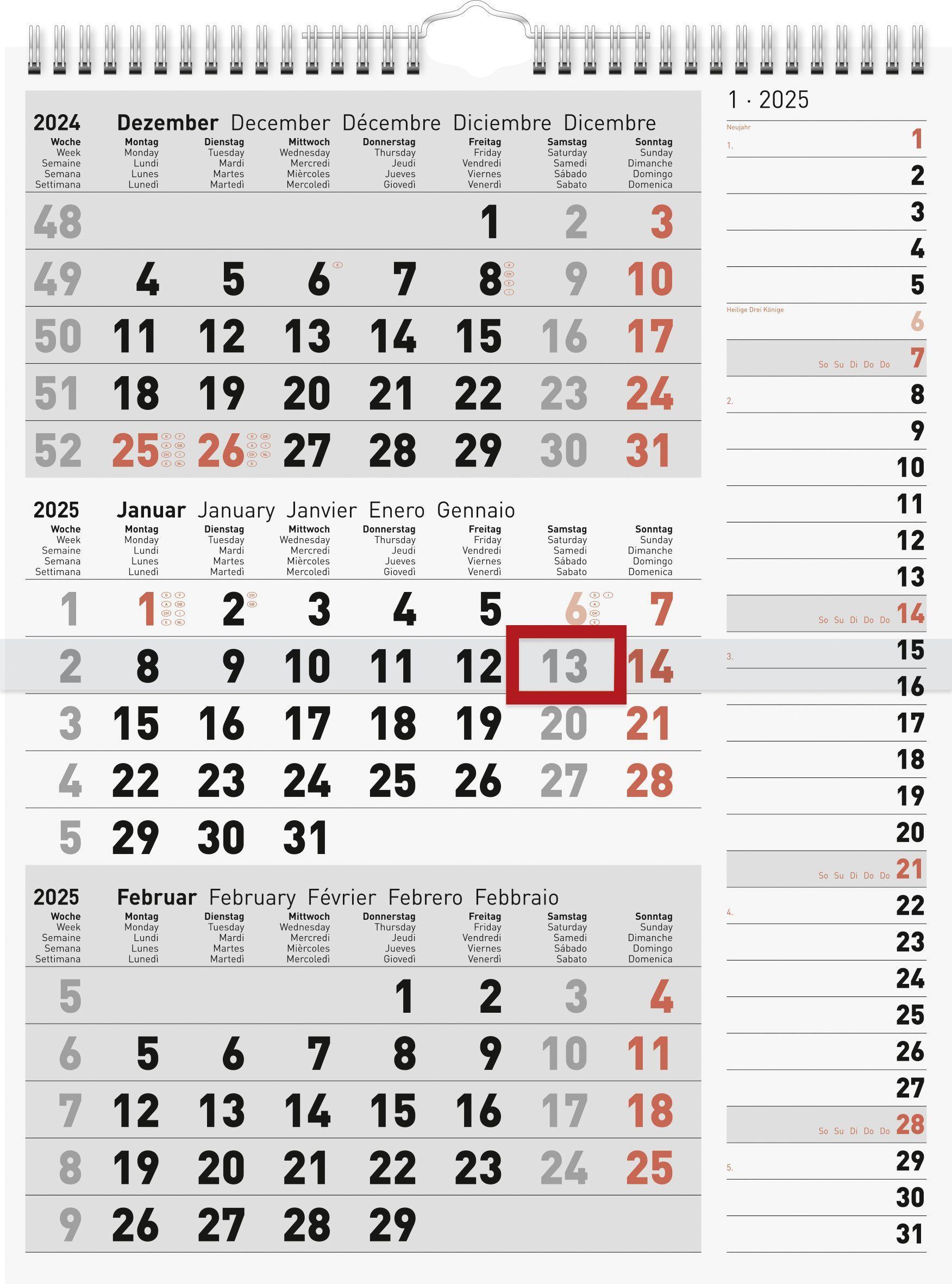 rido/idé 7033330005 3-Monatskalender (2025)| 1 Blatt = 3 Monate| 300 × 390 mm