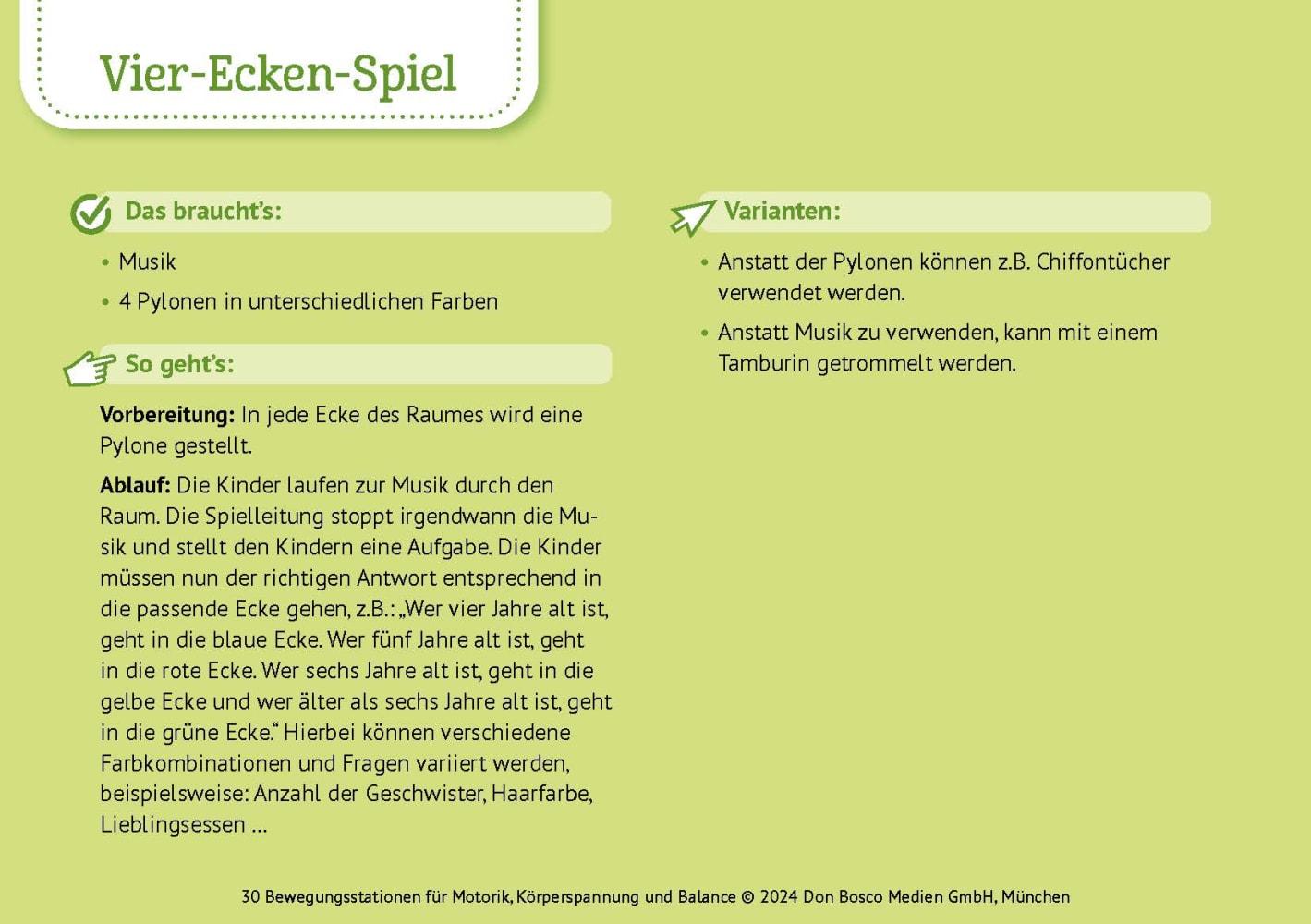 30 Bewegungsstationen für Motorik, Körperspannung und Balance. Bildkarten für Kinder von 3 bis 8