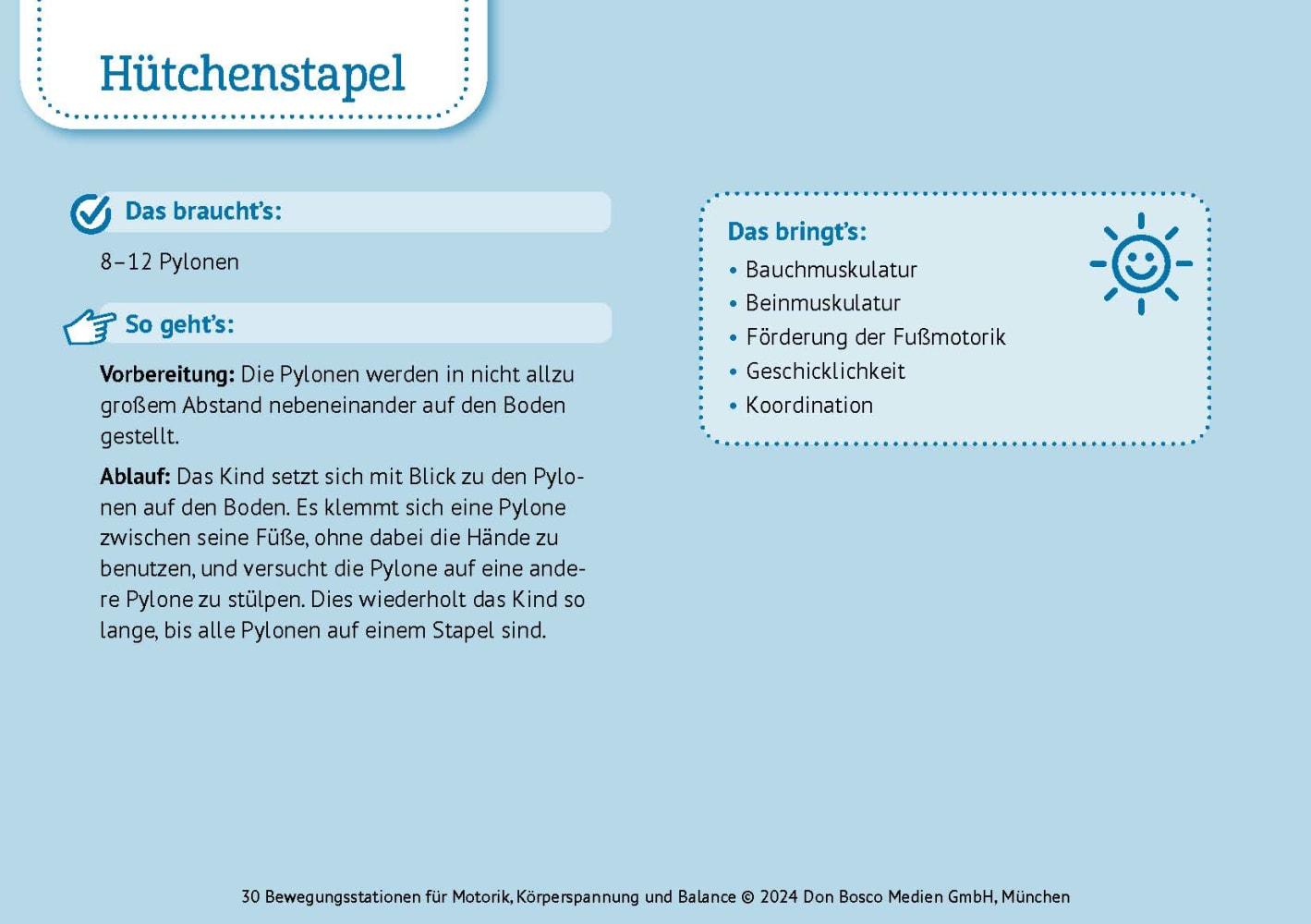 30 Bewegungsstationen für Motorik, Körperspannung und Balance. Bildkarten für Kinder von 3 bis 8