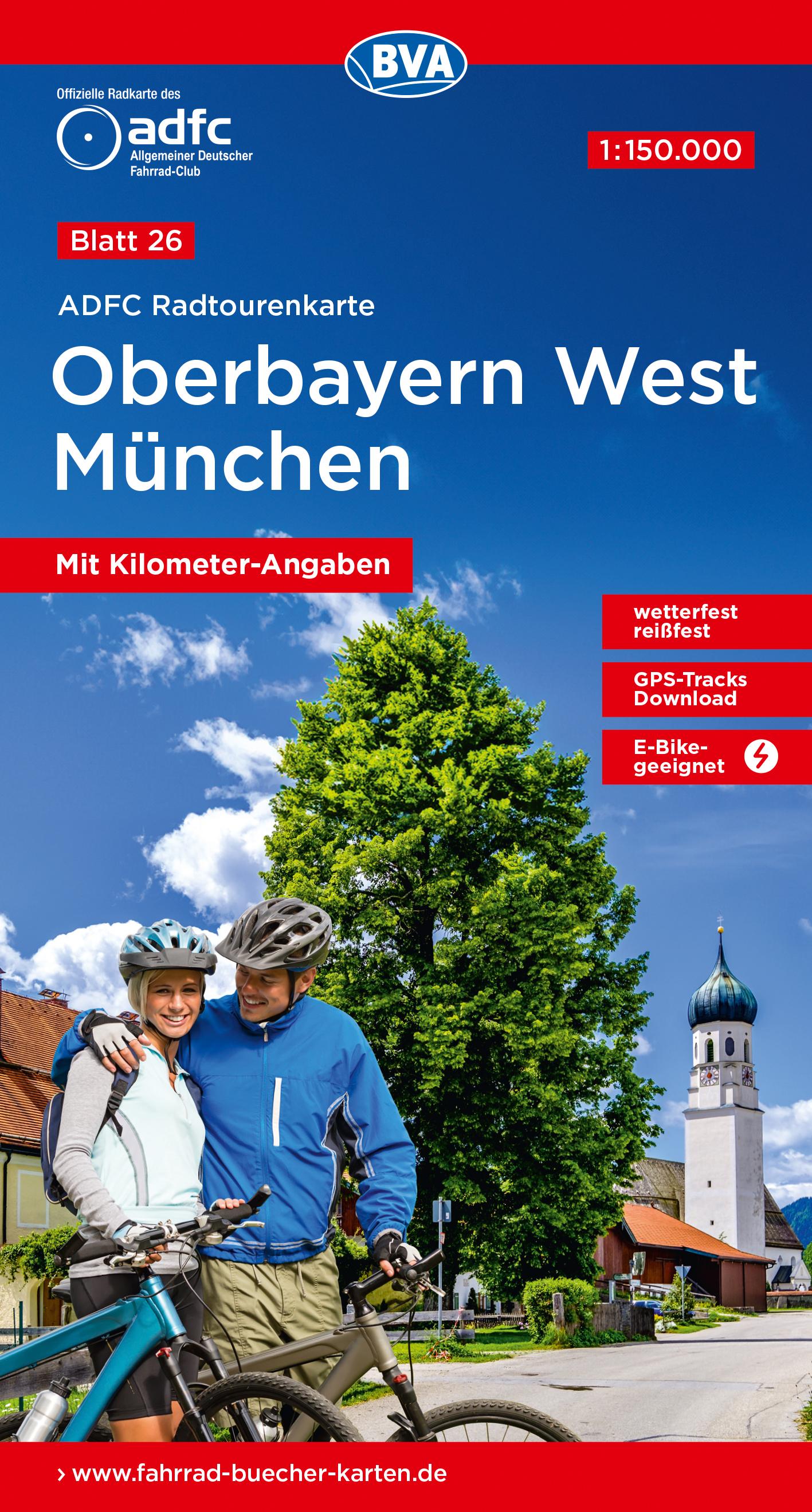 ADFC-Radtourenkarte 26 Oberbayern West München 1:150.000, reiß- und wetterfest, E-Bike geeignet, GPS-Tracks Download, mit Kilometer-Angaben